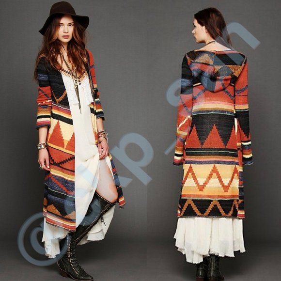 Free People Long Pattern Hooded Cardi Size M - Picture 3 of 12